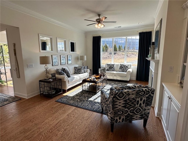 1802 Bonica Xing Unit 1802, Cumming, GA 30040 - living area with crown molding, dark wood-style flooring, baseboards, and ceiling fan