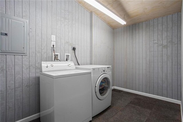 1833 Lost Mountain Rd, Powder Springs, GA 30127 - washroom with baseboards, electric panel, laundry area, independent washer and dryer, and dark colored carpet