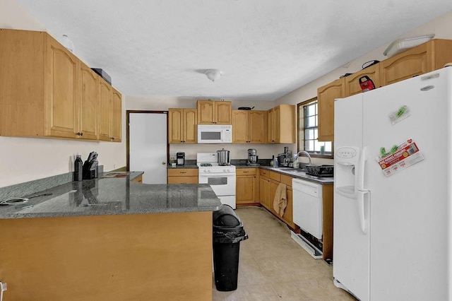 504 Rock Meadow Dr, Stone Mountain, GA 30088 - kitchen featuring white appliances, a peninsula, dark stone countertops, and a textured ceiling