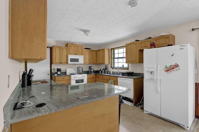 504 Rock Meadow Dr, Stone Mountain, GA 30088 - kitchen with white appliances, a peninsula, a textured ceiling, and dark stone countertops