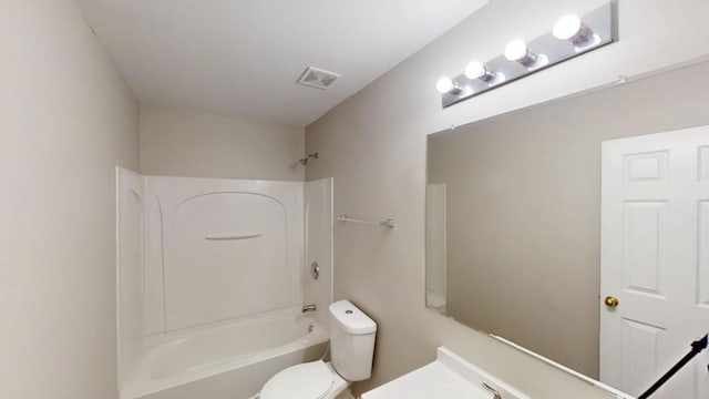 full bathroom with toilet, shower / tub combination, and visible vents