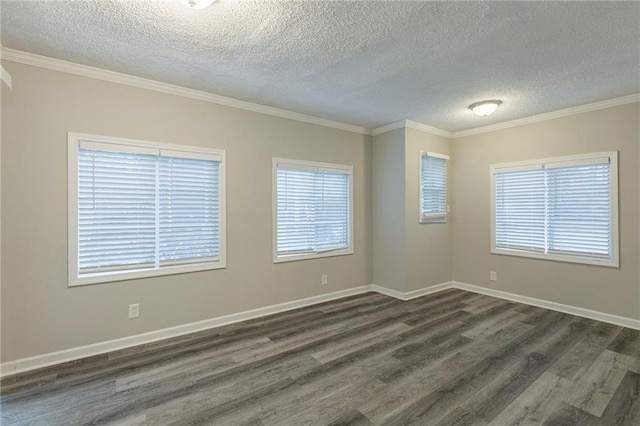 empty room with crown molding, a textured ceiling, and dark wood-type flooring