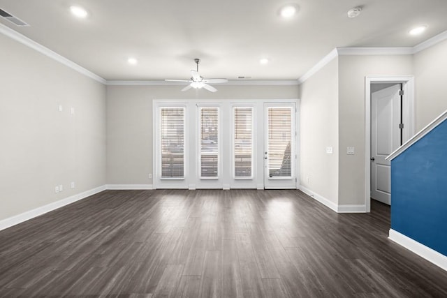 unfurnished living room with ceiling fan, dark wood-type flooring, and crown molding