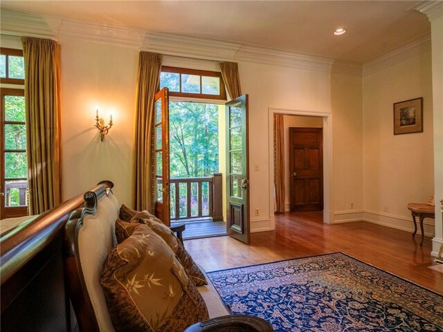 doorway with wood-type flooring, ornamental molding, and a healthy amount of sunlight