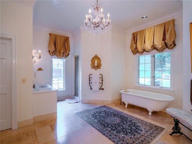 entryway with ornamental molding, a chandelier, and light tile patterned floors