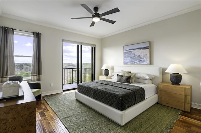 bedroom featuring baseboards, ornamental molding, dark wood-style flooring, and access to outside