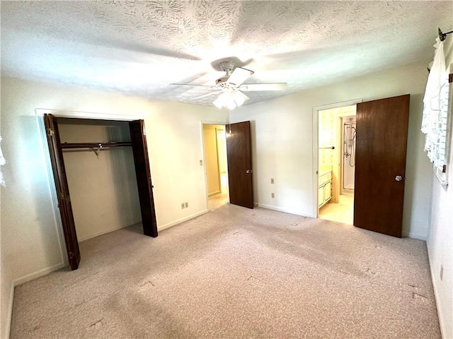 10 Montre Cir, Silver Creek, GA 30173 - unfurnished bedroom with light carpet, a closet, connected bathroom, a ceiling fan, and a textured ceiling