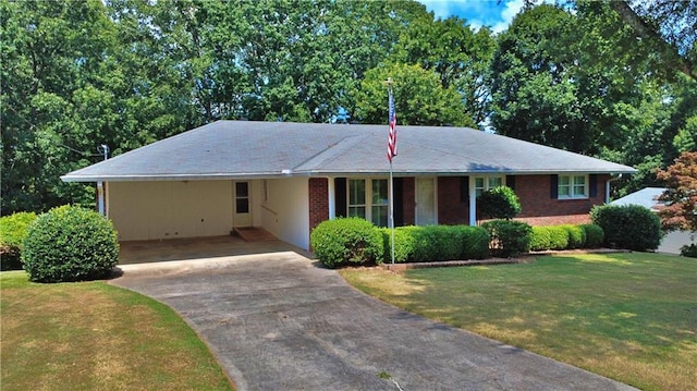 10 Montre Cir, Silver Creek, GA 30173 - ranch-style home featuring driveway, a front yard, an attached carport, and brick siding