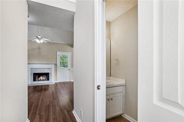 1039 Megan Ct, Sugar Hill, GA 30518 - bathroom with ceiling fan, vanity, wood finished floors, baseboards, and a premium fireplace