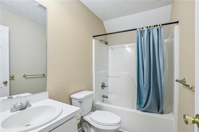 1039 Megan Ct, Sugar Hill, GA 30518 - bathroom featuring shower / bathtub combination with curtain, a textured ceiling, vanity, toilet, and lofted ceiling