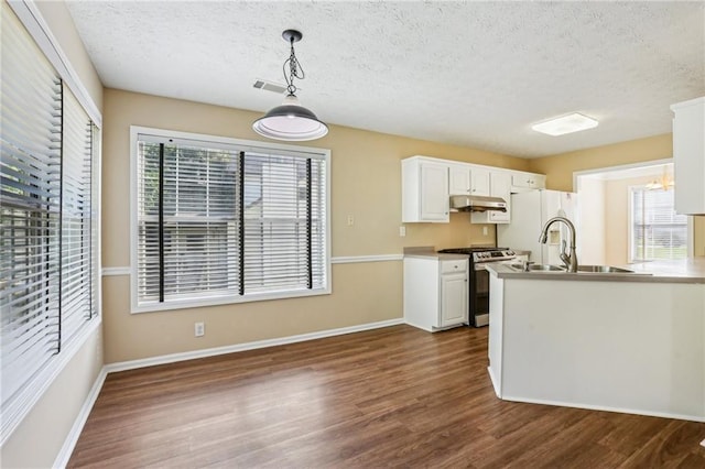 1039 Megan Ct, Sugar Hill, GA 30518 - kitchen featuring gas stove, under cabinet range hood, dark wood-style floors, healthy amount of natural light, and a textured ceiling
