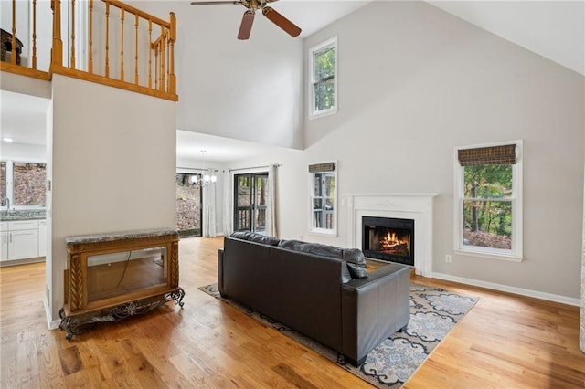 living room featuring light wood-type flooring, a towering ceiling, and plenty of natural light