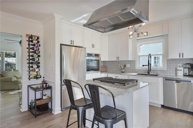 kitchen featuring ornamental molding, a sink, ventilation hood, appliances with stainless steel finishes, and light stone countertops