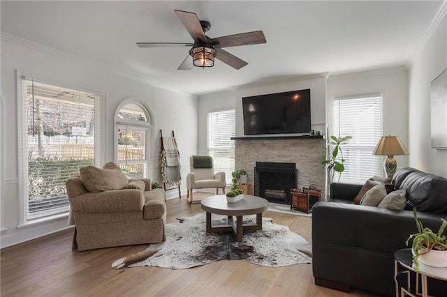 living room with a ceiling fan, wood finished floors, a fireplace, crown molding, and baseboards