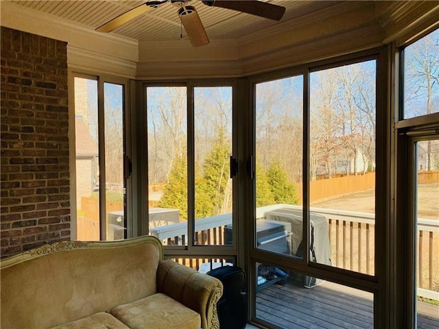 sunroom / solarium featuring ceiling fan and wooden ceiling