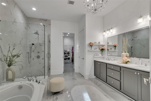 bathroom with shower with separate bathtub and vanity