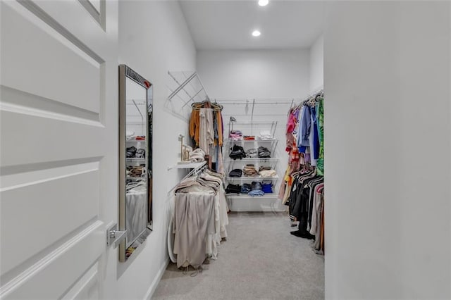 walk in closet with light carpet