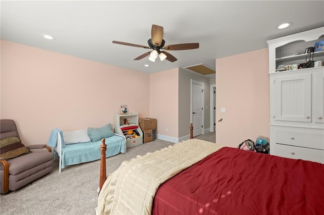 carpeted bedroom featuring ceiling fan