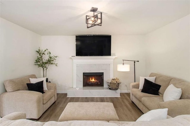 living room with wood-type flooring and a high end fireplace