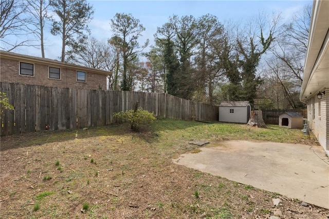 view of yard featuring an outbuilding, a storage unit, a patio area, and a fenced backyard