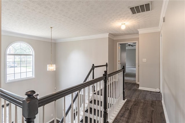 1241 Hogan Ridge Ct, Grayson, GA 30017 - corridor with an upstairs landing, dark wood finished floors, baseboards, a textured ceiling, and ornamental molding