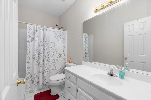 full bathroom with vanity, shower / bathtub combination with curtain, toilet, and tile patterned floors