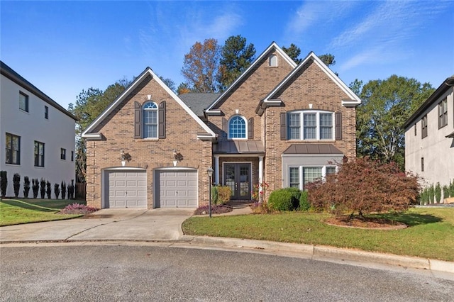 front facade featuring french doors, a garage, and a front lawn