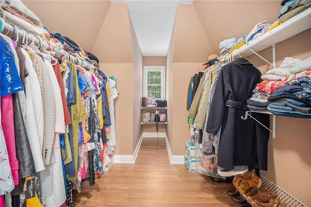 walk in closet with vaulted ceiling and wood finished floors