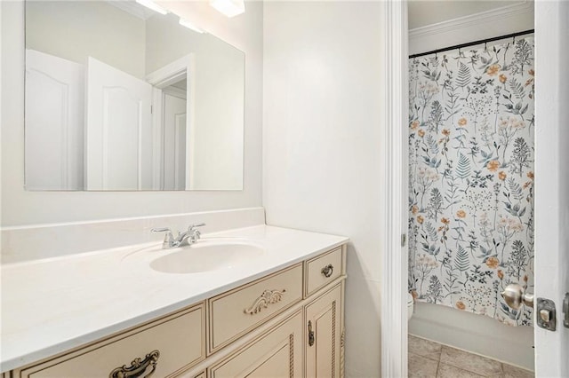 bathroom featuring ornamental molding, toilet, shower / bathtub combination with curtain, vanity, and tile patterned flooring