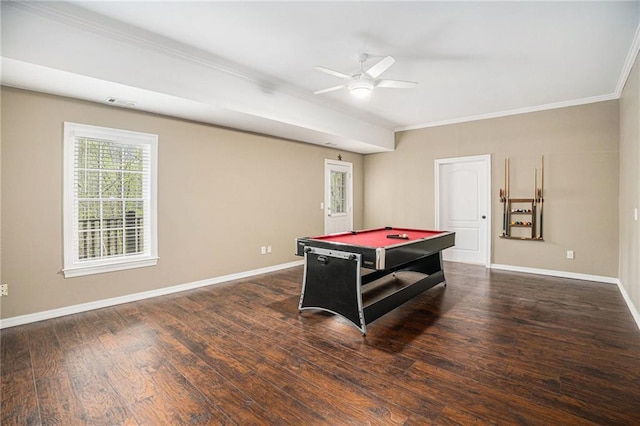 game room featuring wood finished floors, baseboards, billiards, and ceiling fan