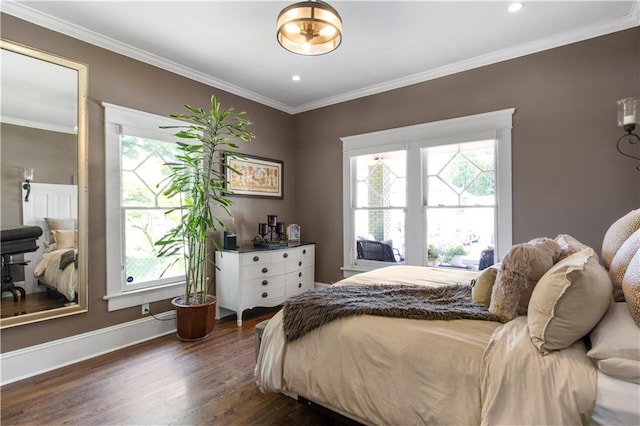 bedroom with recessed lighting, baseboards, dark wood finished floors, and ornamental molding