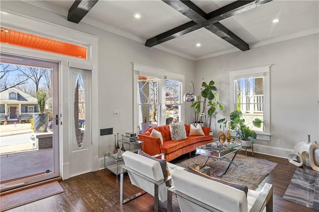 living room featuring beam ceiling, dark wood finished floors, recessed lighting, baseboards, and coffered ceiling