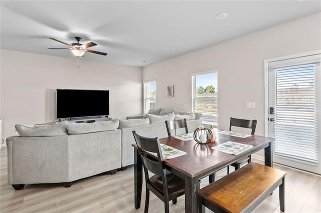 dining room featuring ceiling fan and light hardwood / wood-style flooring