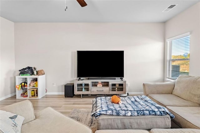 living room featuring ceiling fan and light hardwood / wood-style floors