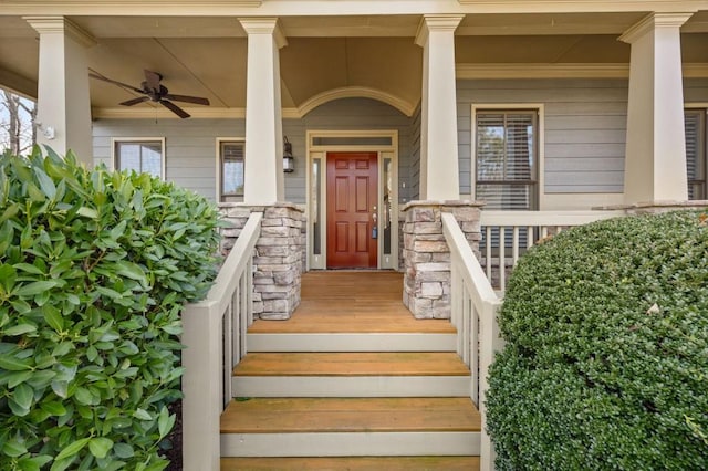 property entrance with ceiling fan