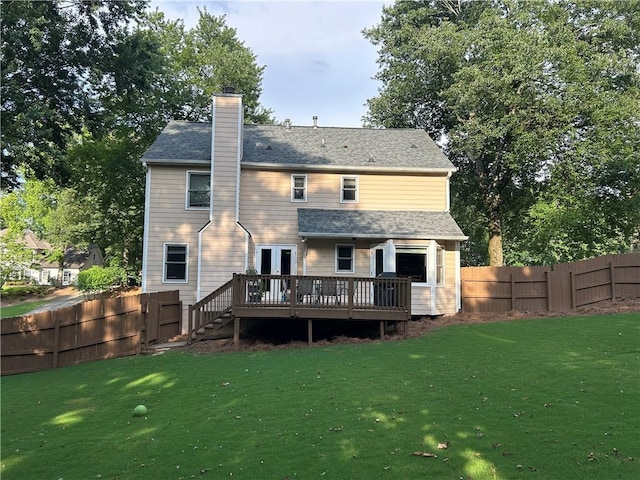 3641 Bramblewood Way, Marietta, GA 30062 - back of house with a wooden deck, a fenced backyard, a chimney, and french doors