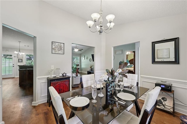 64 River Mist Cir, Jefferson, GA 30549 - dining space featuring a chandelier, wainscoting, dark wood-style floors, healthy amount of natural light, and a textured ceiling