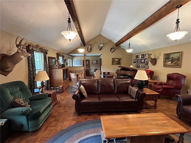 living room featuring dark parquet flooring and lofted ceiling with beams