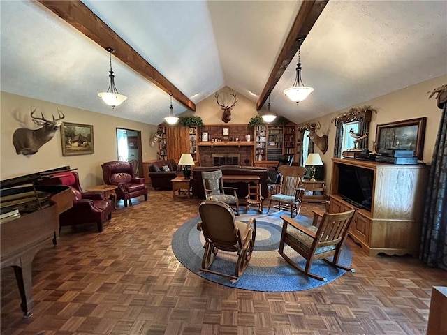 living room with a fireplace, vaulted ceiling with beams, and parquet flooring