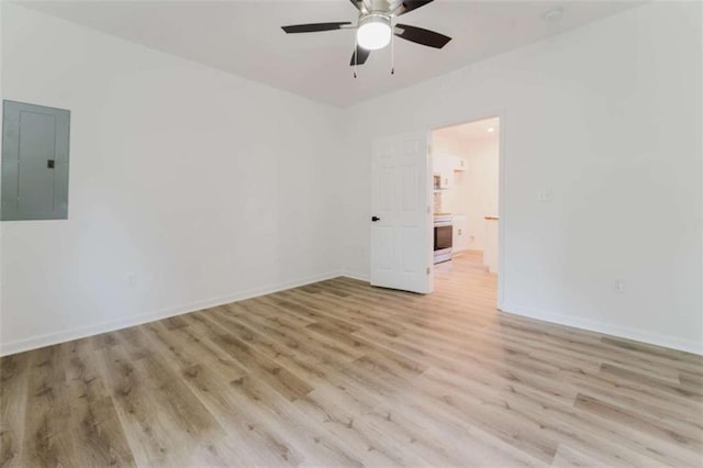 empty room with ceiling fan, light hardwood / wood-style floors, and electric panel