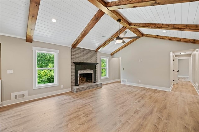 136 Ridgecrest Dr, Ball Ground, GA 30107 - unfurnished living room featuring a ceiling fan, light wood-type flooring, a brick fireplace, baseboards, and wood ceiling