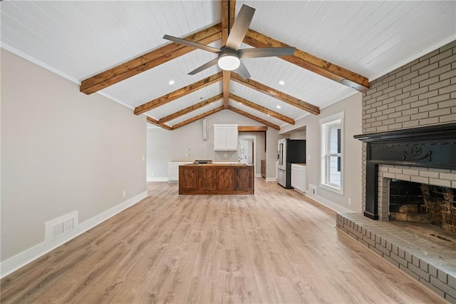 136 Ridgecrest Dr, Ball Ground, GA 30107 - unfurnished living room with a brick fireplace, light wood-style floors, baseboards, a ceiling fan, and recessed lighting