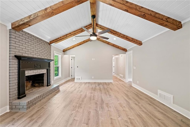 136 Ridgecrest Dr, Ball Ground, GA 30107 - unfurnished living room with a brick fireplace, wood finished floors, baseboards, a ceiling fan, and wood ceiling