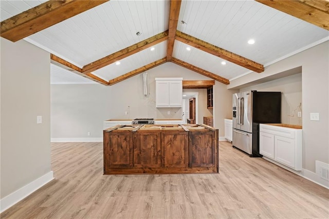 136 Ridgecrest Dr, Ball Ground, GA 30107 - kitchen featuring high quality fridge, light wood finished floors, white cabinets, baseboards, and a center island