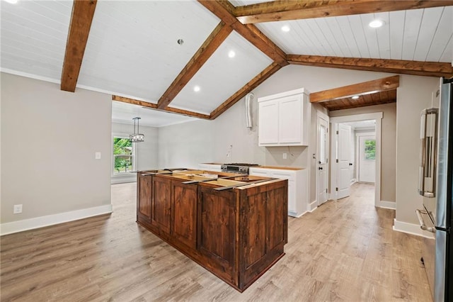 136 Ridgecrest Dr, Ball Ground, GA 30107 - kitchen featuring freestanding refrigerator, light wood-type flooring, white cabinets, baseboards, and recessed lighting