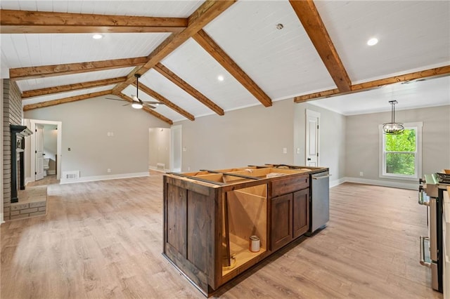 136 Ridgecrest Dr, Ball Ground, GA 30107 - kitchen with light wood finished floors, open floor plan, baseboards, ceiling fan, and recessed lighting