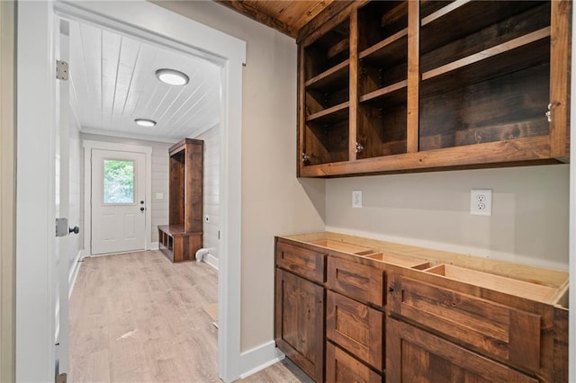 136 Ridgecrest Dr, Ball Ground, GA 30107 - kitchen featuring wooden ceiling, light wood finished floors, and wood counters