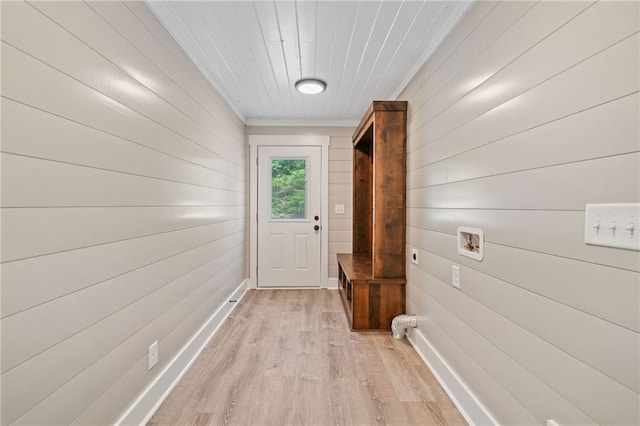 136 Ridgecrest Dr, Ball Ground, GA 30107 - doorway featuring wood walls, light wood finished floors, and wooden ceiling