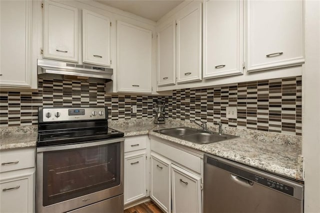 365 Winding River Dr Unit # E, Atlanta, GA 30350 - kitchen featuring stainless steel appliances, under cabinet range hood, a sink, and backsplash