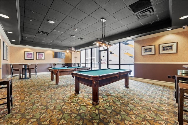 1280 W Peachtree St NW Unit 2409, Atlanta, GA 30309 - recreation room with crown molding, baseboards, a raised ceiling, carpet, and pool table